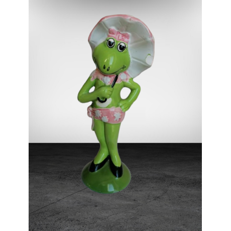 Stilvolle Froschfigur mit Rosa Hut in emailliertem Keramik