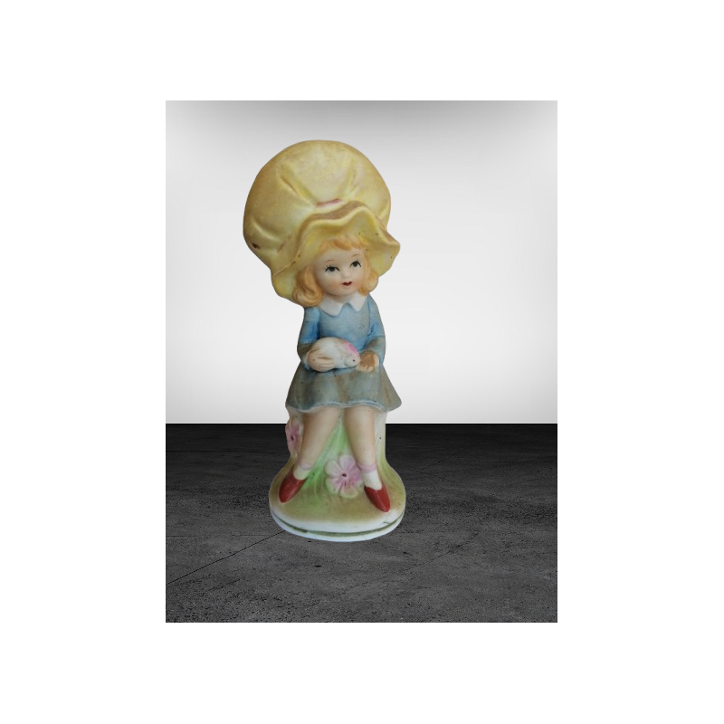 Chica figurina en el gran sombrero de porcelana con mano pintada a mano 50 / 70s