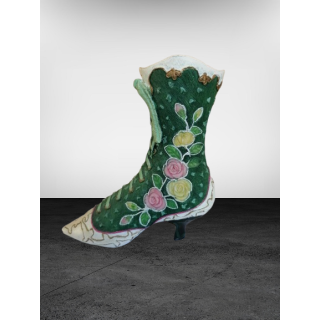 Bottine décorative vintage en porcelaine peinte à la main – Vert et fleurs roses
