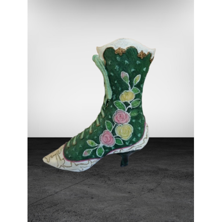 Bottine décorative vintage en porcelaine peinte à la main – Vert et fleurs roses