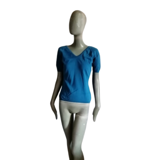 Vintage Top 90s 100% algodón azul - cuello en V - nuevo con etiqueta