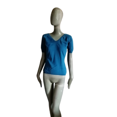 Top vintage 90s 100% coton bleu – col V – neuf avec étiquette