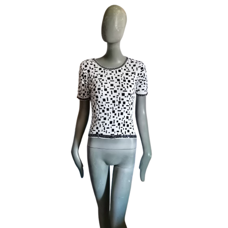 Top grafico bianco e nero Alma con perline - stile retrò chic