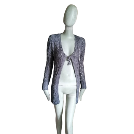 Gilet gris long maille ajourée Beauty Woman