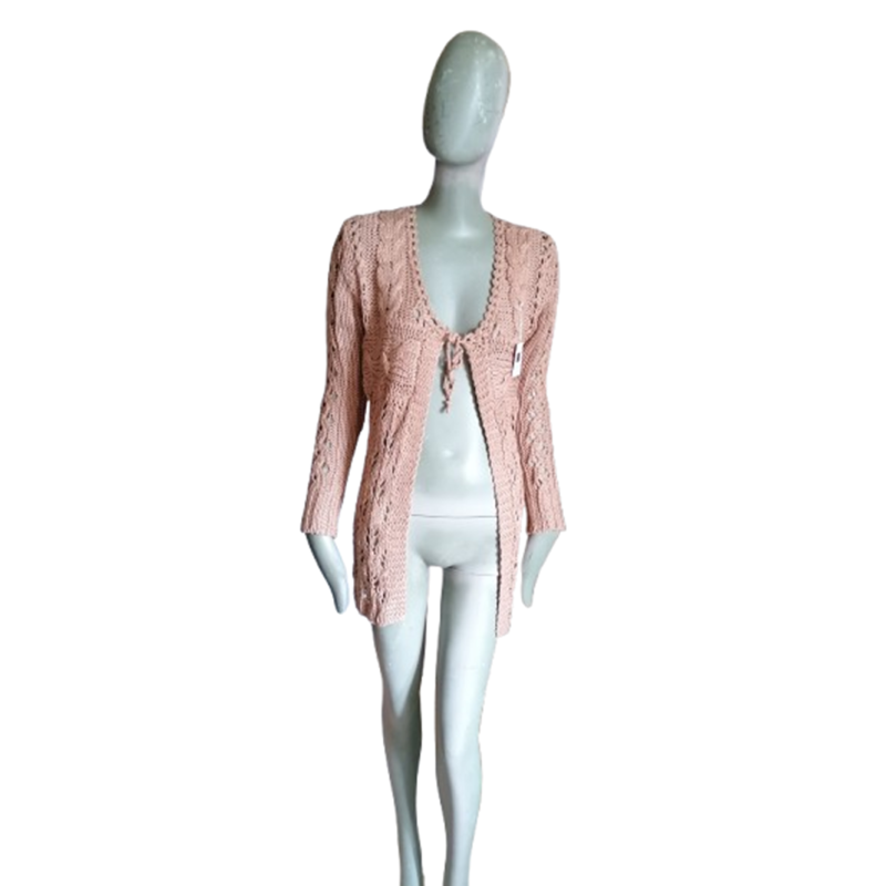 Cardigan marron-clair long maille ajourée Beauty Woman