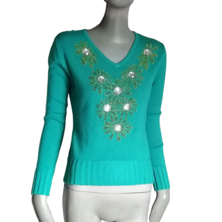 Pull Y2K turquoise bijoux & strass – Taille L – Comme neuf