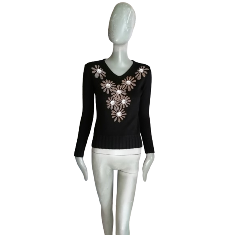 Pull vintage Y2K noir fleurs strass SZ Fashion pré-2008
