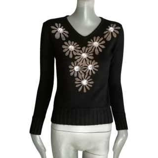 Pull vintage Y2K noir fleurs strass SZ Fashion pré-2008