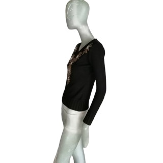 Pull vintage Y2K noir fleurs strass SZ Fashion pré-2008