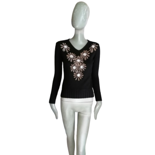Pull vintage Y2K noir fleurs strass SZ Fashion pré-2008