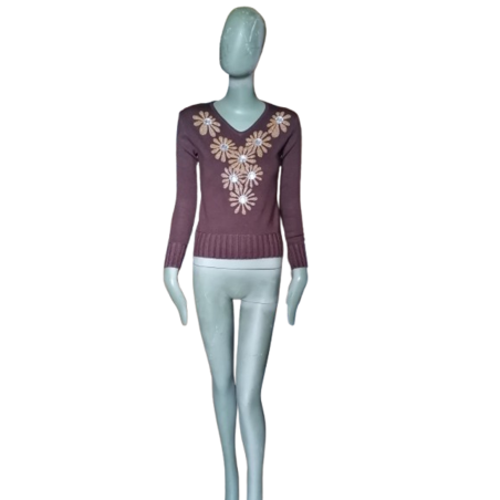 Pull Vintage SZ Fashion marron Deadstock Fleurs Strass