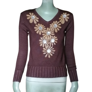 Pull Vintage SZ Fashion marron Deadstock Fleurs Strass