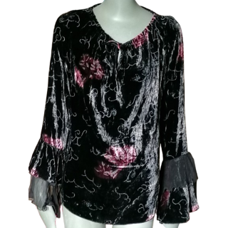 Damast-Samt-Bluse-Tapisserie & Ärmel VOLANTÉS BLACK SAILING - Vintage Showroom