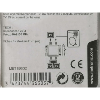 TV / SAT Divisor 3 Flide Outlets F Blindado Metal Metronic 436303